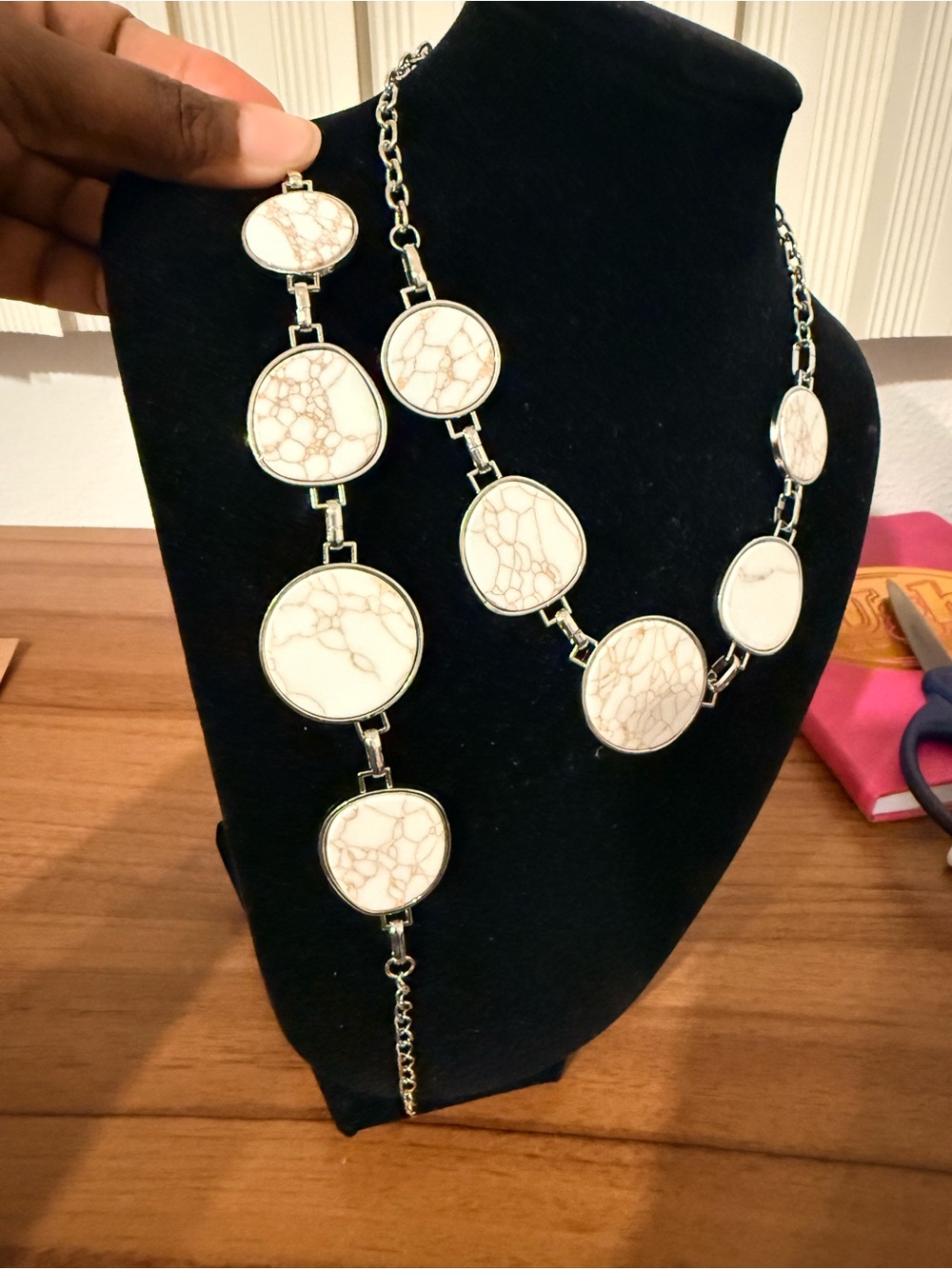 Elegant White Marbled Disc Statement Necklace by
